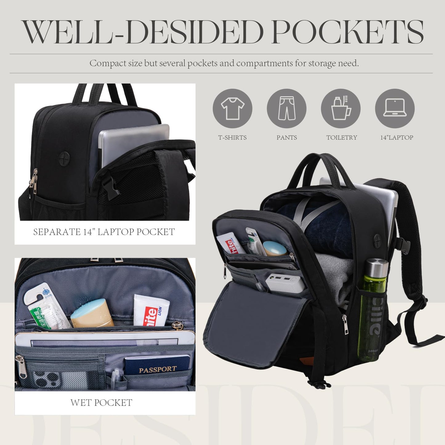 Lossga Cabin Backpack – 40x20x25cm Airline-Approved Underseat Carry-On Bag with Anti-Theft Design & Water Bottle Holder (Black)