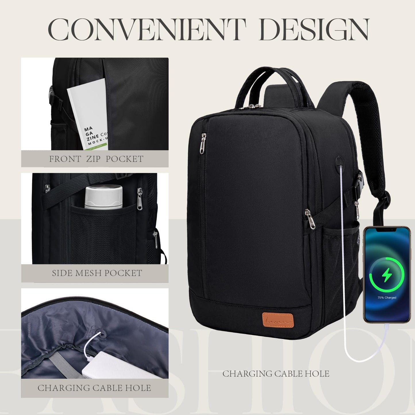 Lossga Cabin Backpack – 40x20x25cm Airline-Approved Underseat Carry-On Bag with Anti-Theft Design & Water Bottle Holder (Black)